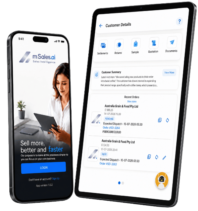 mSales.ai field sales app shown on two mobile phones