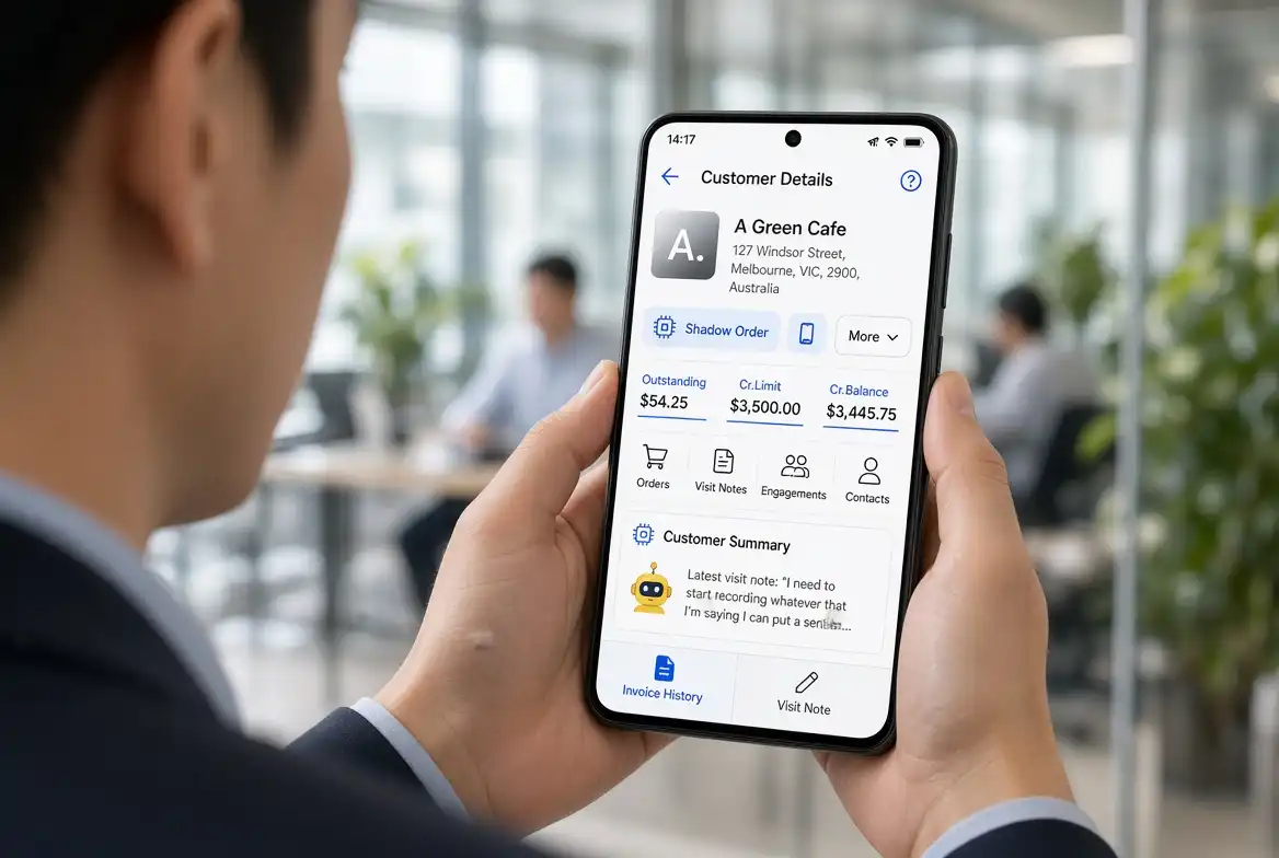 mSales.ai interface showing AI voice command and real-time analytics